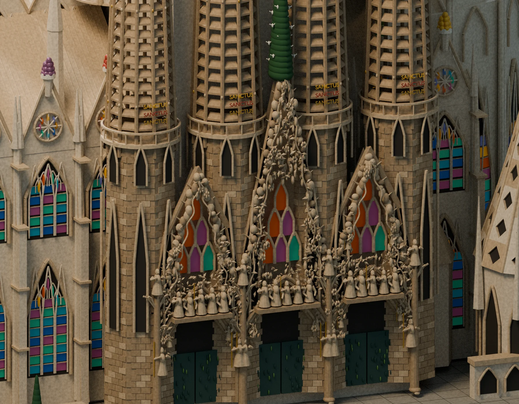 Blenderで制作したサグラダ・ファミリアの生誕側の装飾、尖塔、色ガラス表現の拡大画像